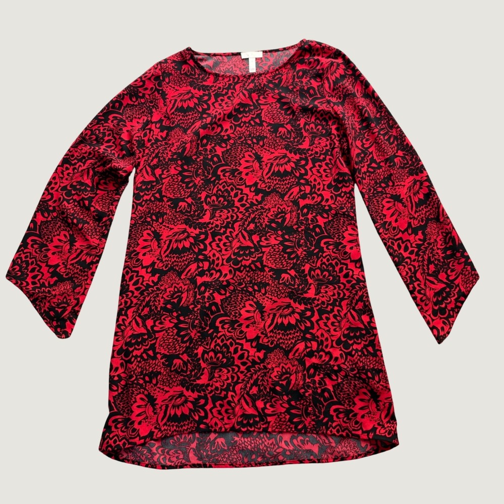 Small Floral Paisley Print Polyester Long Sleeve Red Black